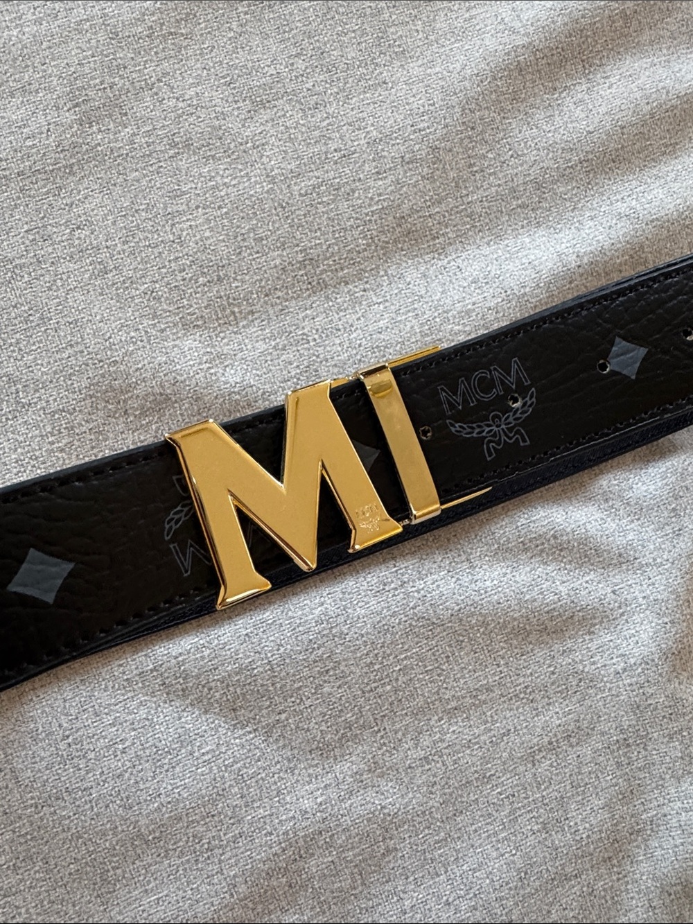 MCM Black Leather Belt with Gold M Buckle